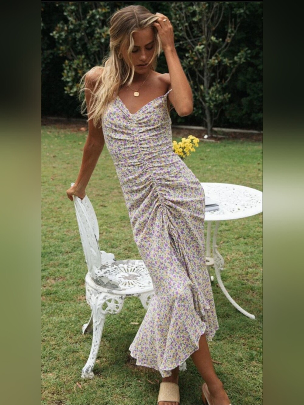 CUPSHE NWT Floral Ruched Midi Dress | Size XL | Cottagecore Garden Party - Picture 10 of 12